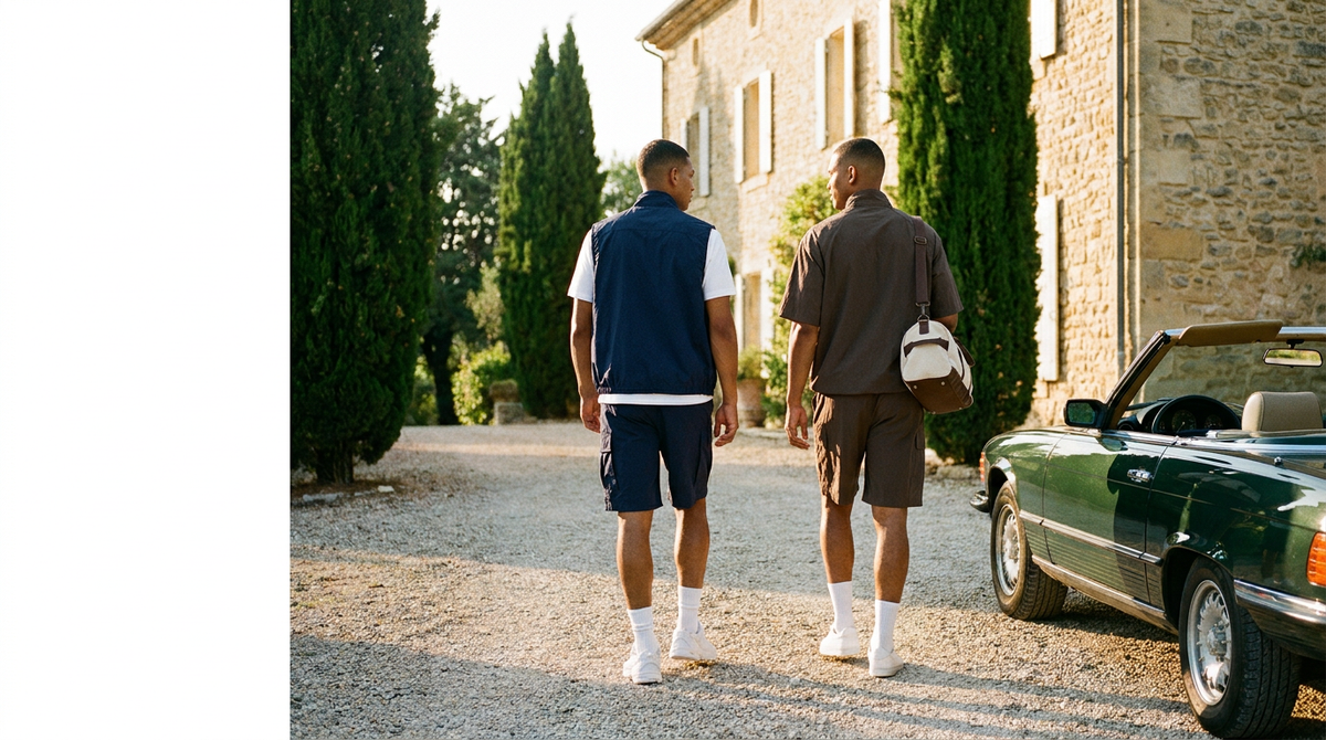 ease — deux ensembles Cargo Navy et Half-Zip Marron, domaine provençal au soleil couchant Image