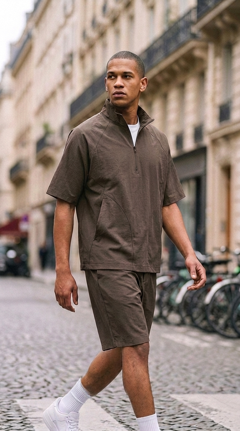 L'Ensemble Half-Zip Marron ease — lifestyle rue de Paris, trois-quarts