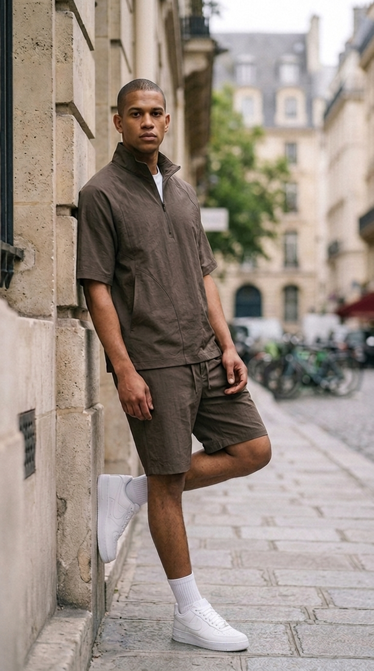 L'Ensemble Half-Zip Marron ease — lifestyle rue de Paris, adossé au mur