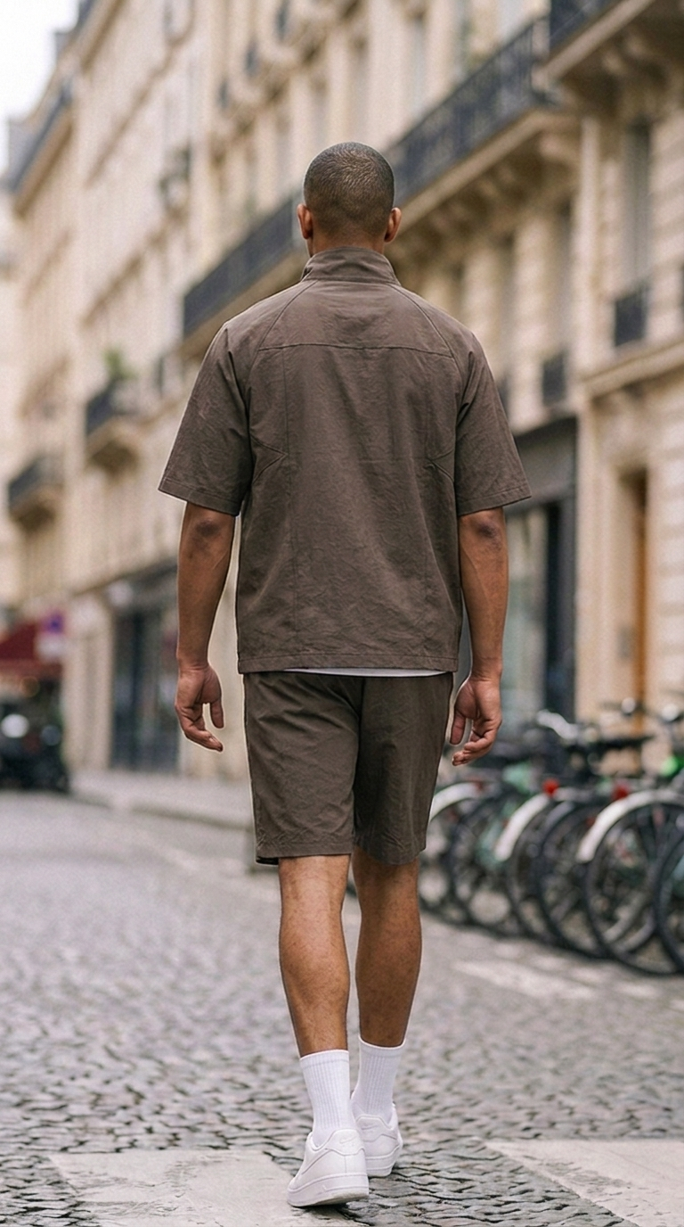 L'Ensemble Half-Zip Marron ease — lifestyle rue de Paris, dos
