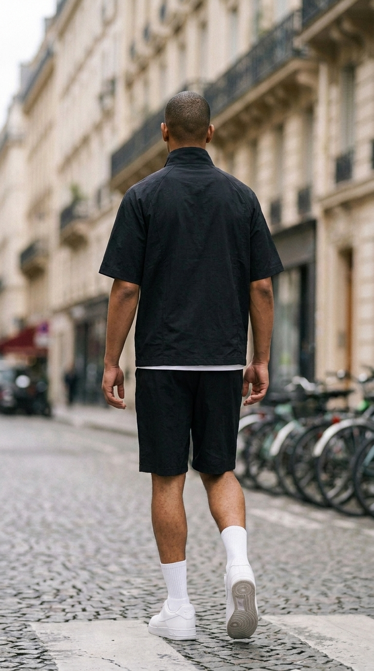 L'Ensemble Half-Zip Noir ease — lifestyle rue de Paris, dos