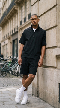 L'Ensemble Half-Zip Noir ease — lifestyle rue de Paris, adossé au mur