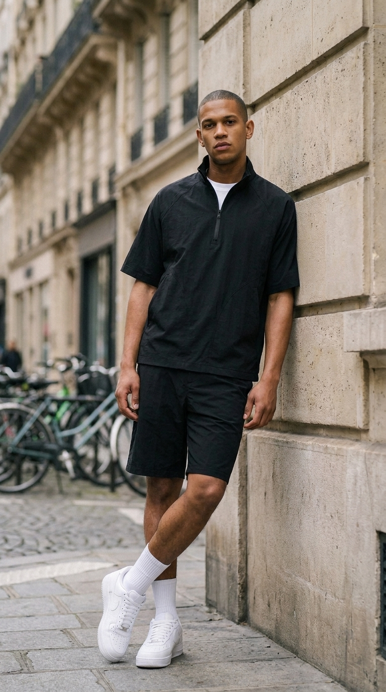 L'Ensemble Half-Zip Noir ease — lifestyle rue de Paris, adossé au mur