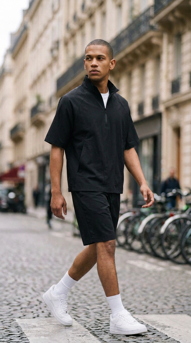L'Ensemble Half-Zip Noir ease — lifestyle rue de Paris, trois-quarts