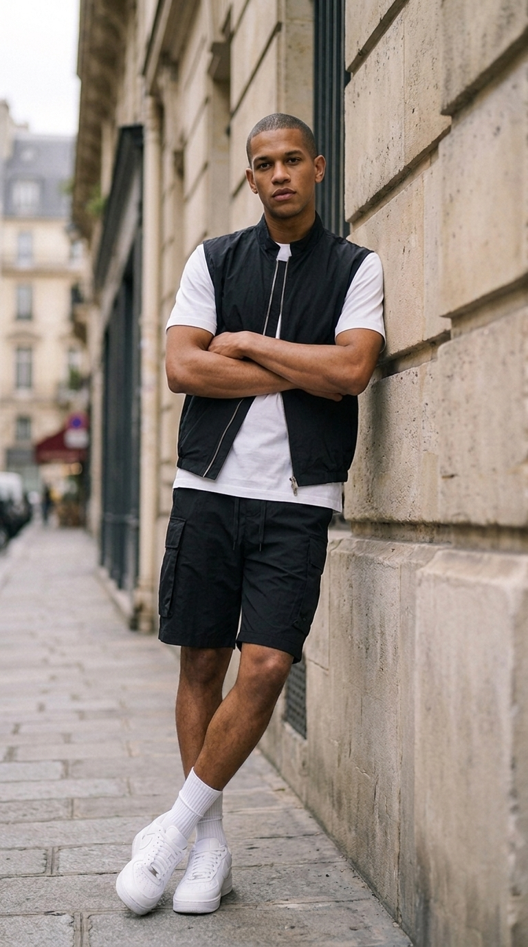 L'Ensemble Cargo Noir ease — lifestyle rue de Paris, adossé bras croisés