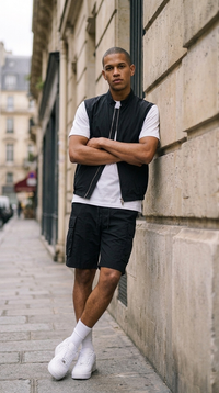 L'Ensemble Cargo Noir ease — lifestyle rue de Paris, adossé bras croisés