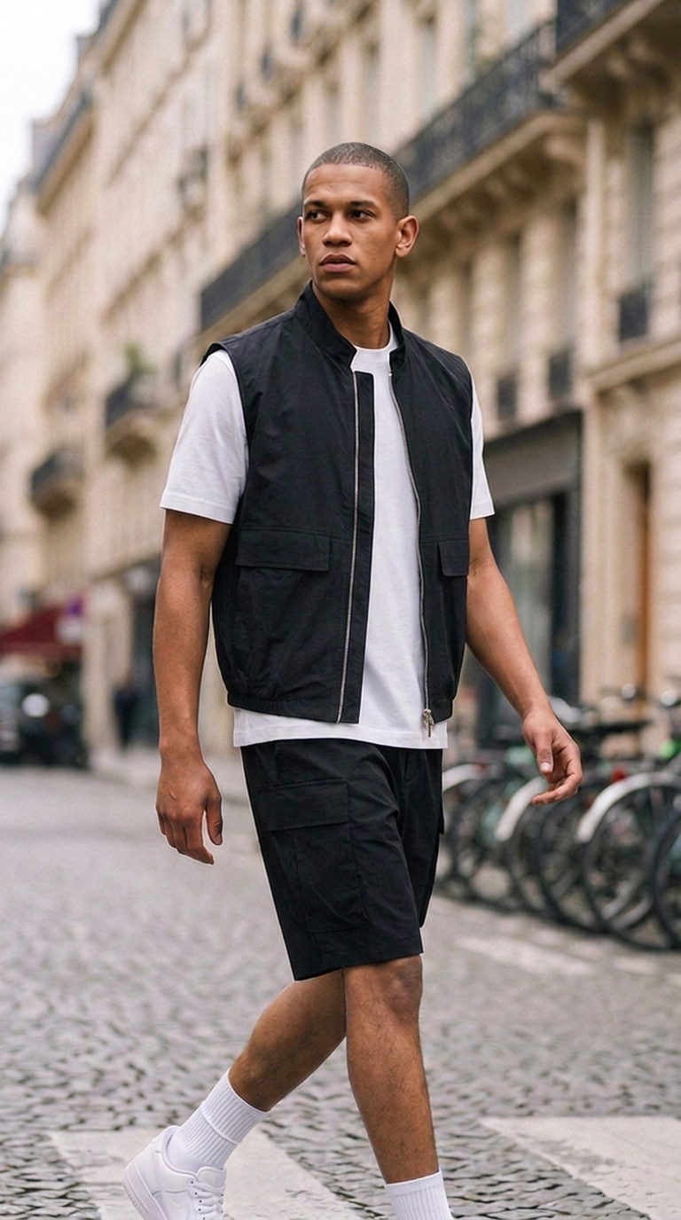 L'Ensemble Cargo Noir ease — lifestyle rue de Paris, trois-quarts