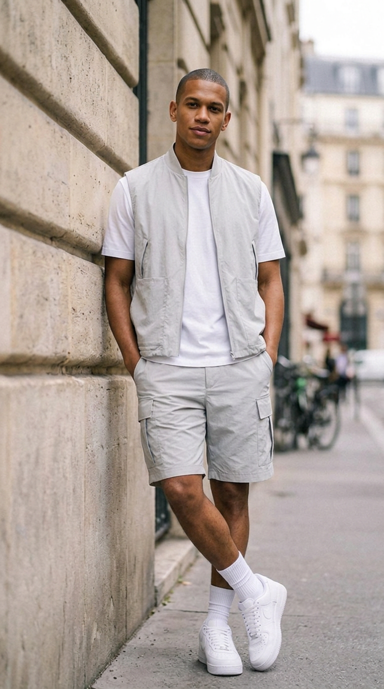 L'Ensemble Cargo Gris Perle ease — lifestyle rue de Paris, adossé mains dans les poches