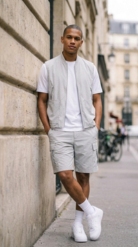 L'Ensemble Cargo Gris Perle ease — lifestyle rue de Paris, adossé mains dans les poches