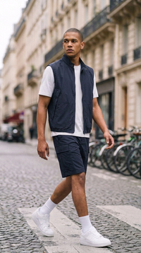 L'Ensemble Cargo Navy ease — lifestyle rue de Paris, trois-quarts