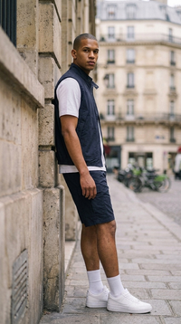 L'Ensemble Cargo Navy ease — lifestyle rue de Paris, épaule contre le mur