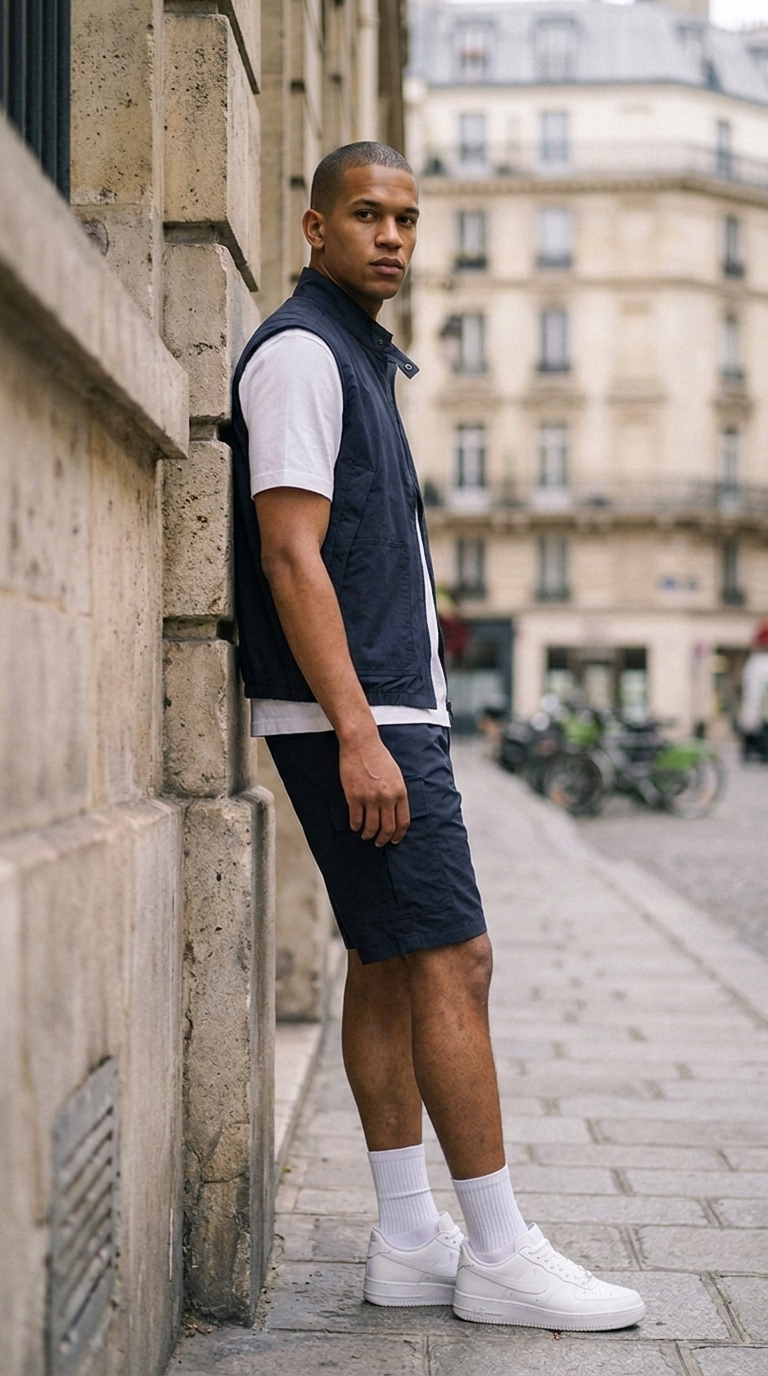 L'Ensemble Cargo Navy ease — lifestyle rue de Paris, épaule contre le mur