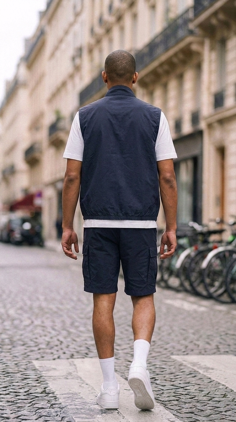 L'Ensemble Cargo Navy ease — lifestyle rue de Paris, dos